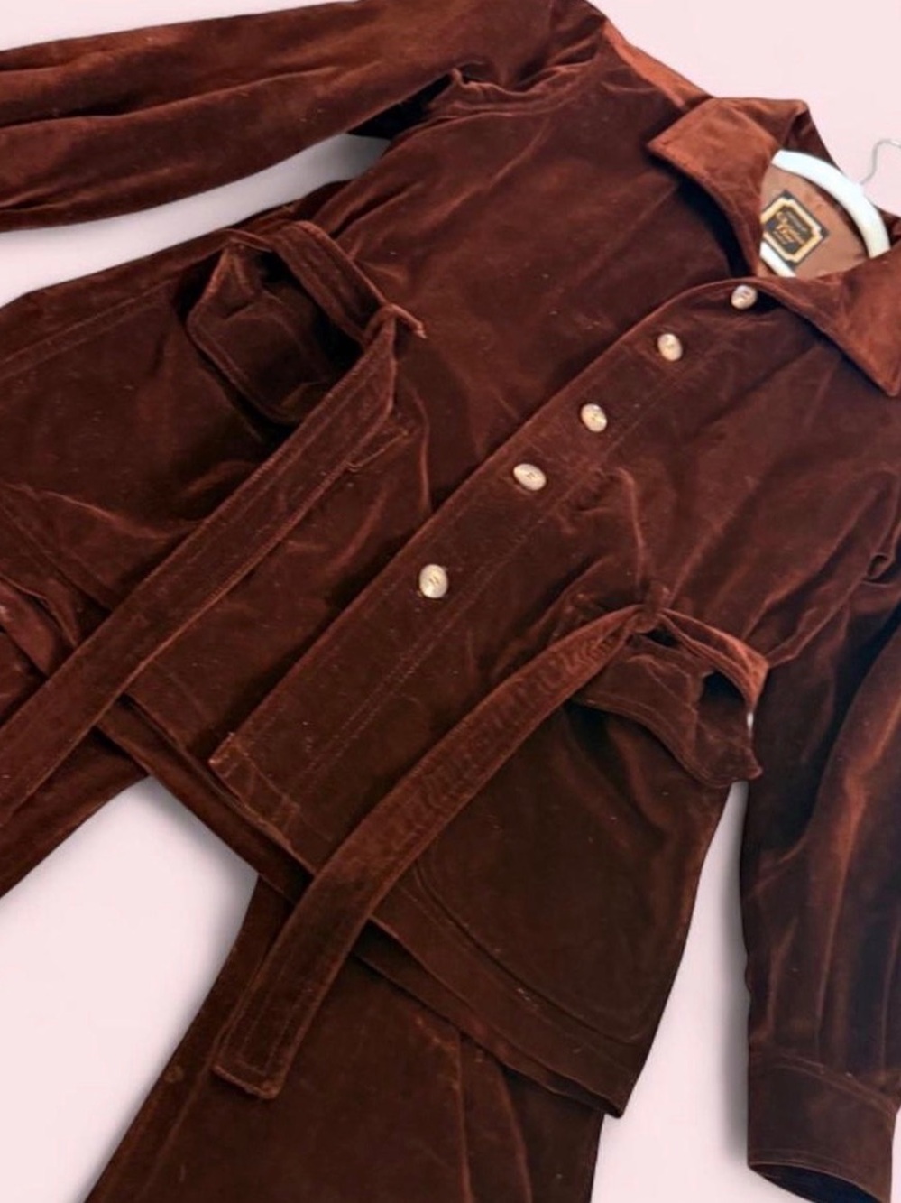 Vintage Christian Dior Velvet Pantsuit Set Belted Safari Jacket Trouser FR 40